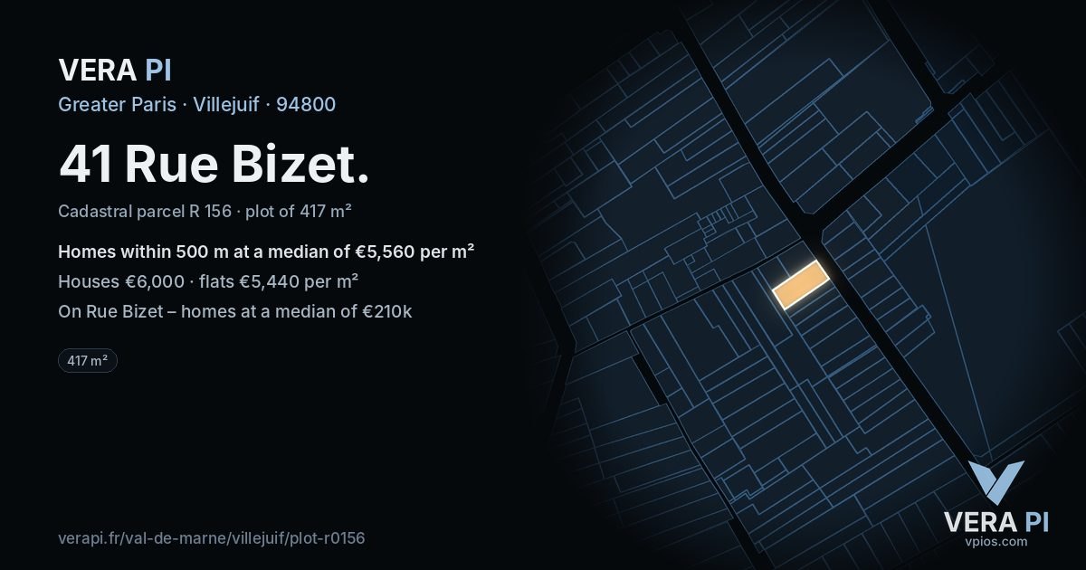 41 Rue Bizet, Villejuif at night – the plot lit, the parcels around coloured by the prices near them