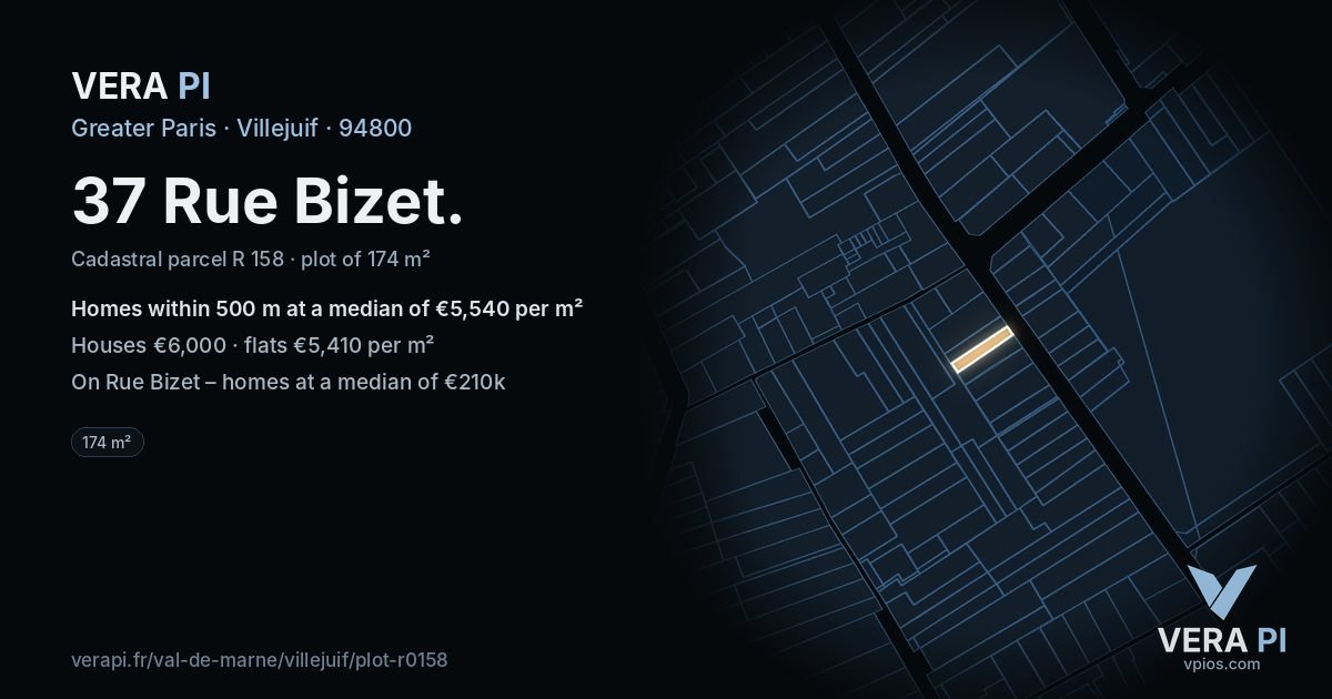 37 Rue Bizet, Villejuif at night – the plot lit, the parcels around coloured by the prices near them