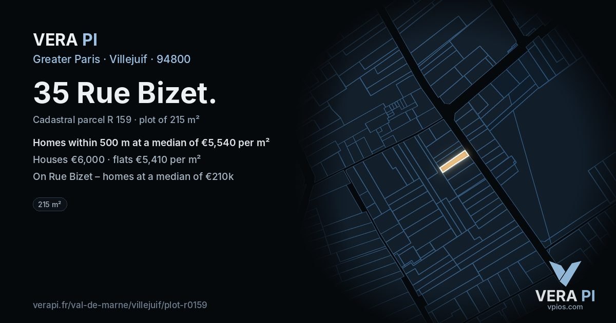 35 Rue Bizet, Villejuif at night – the plot lit, the parcels around coloured by the prices near them