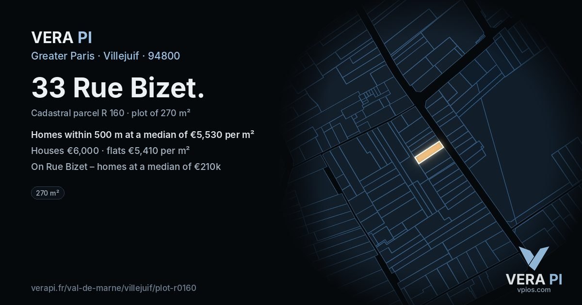 33 Rue Bizet, Villejuif at night – the plot lit, the parcels around coloured by the prices near them