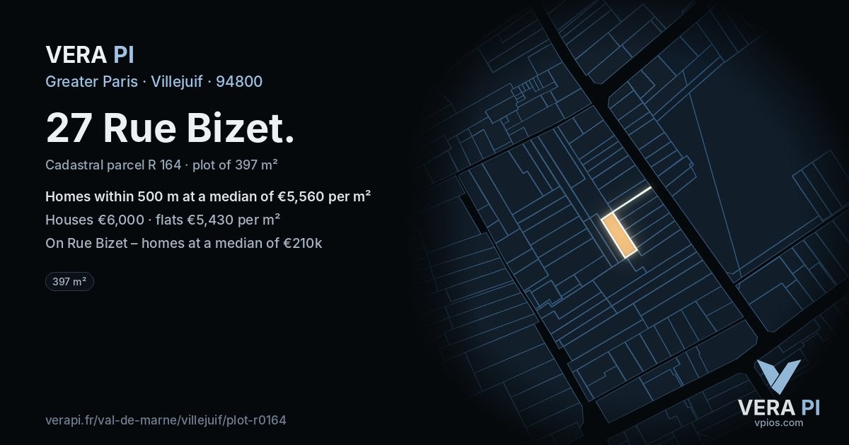 27 Rue Bizet, Villejuif at night – the plot lit, the parcels around coloured by the prices near them