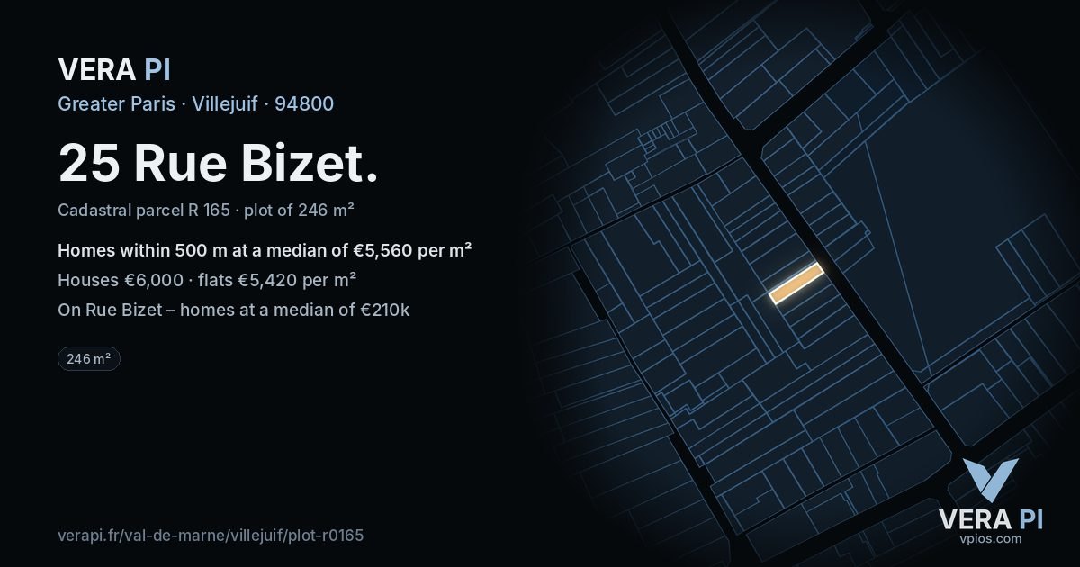 25 Rue Bizet, Villejuif at night – the plot lit, the parcels around coloured by the prices near them