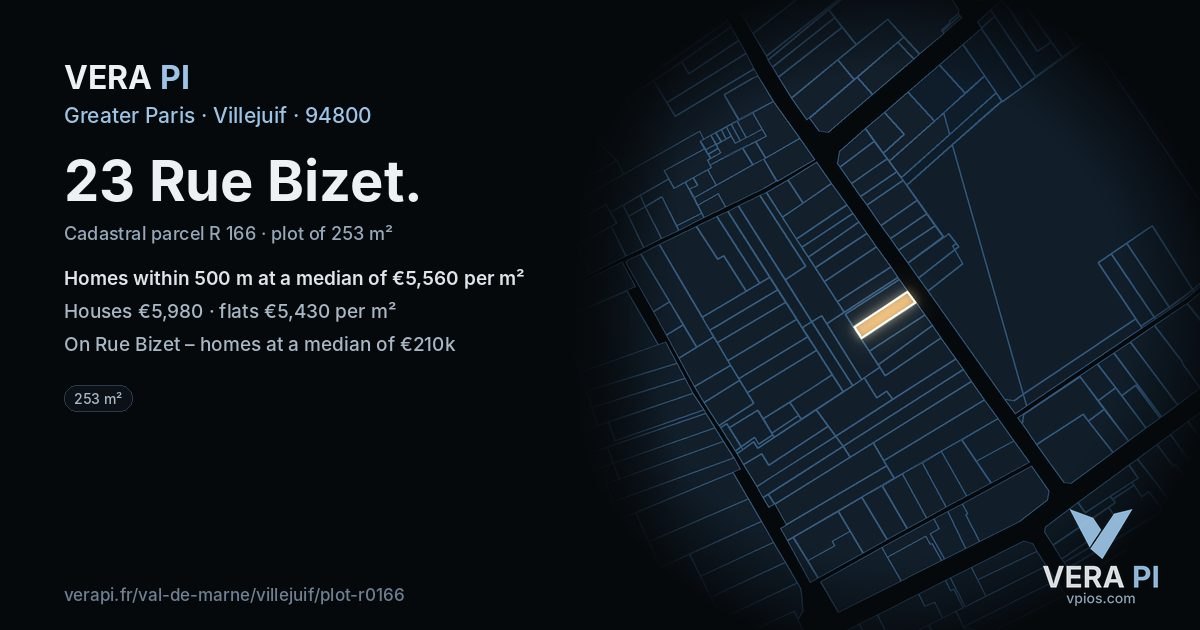 23 Rue Bizet, Villejuif at night – the plot lit, the parcels around coloured by the prices near them