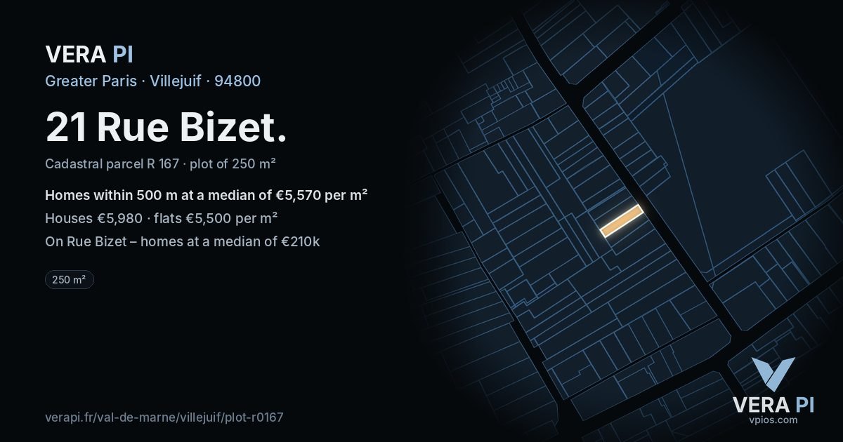 21 Rue Bizet, Villejuif at night – the plot lit, the parcels around coloured by the prices near them