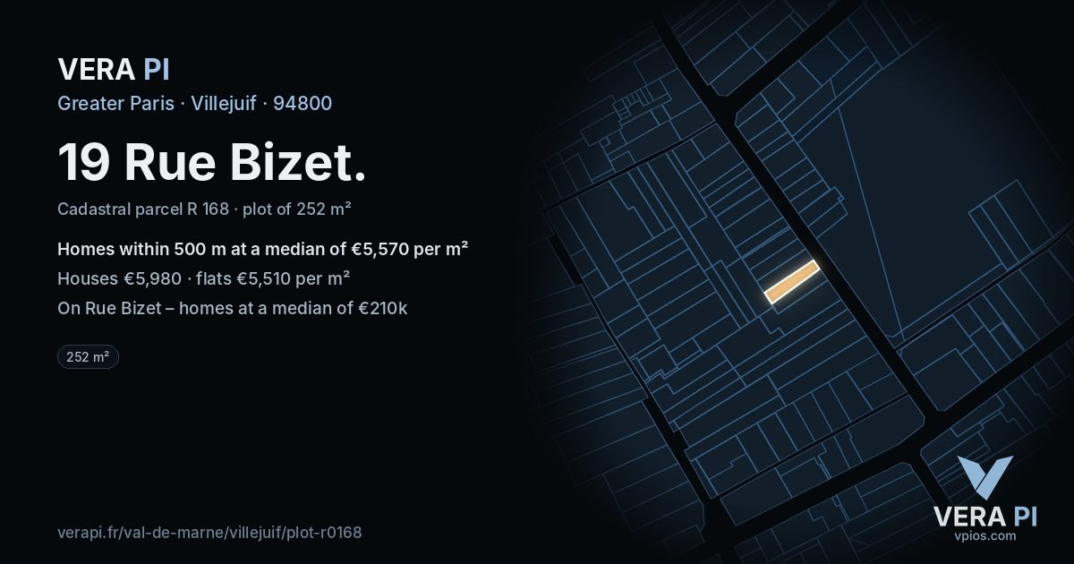 19 Rue Bizet, Villejuif at night – the plot lit, the parcels around coloured by the prices near them