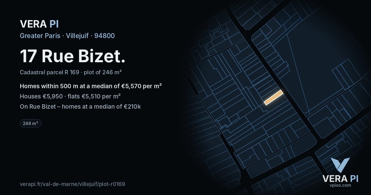 17 Rue Bizet, Villejuif at night – the plot lit, the parcels around coloured by the prices near them