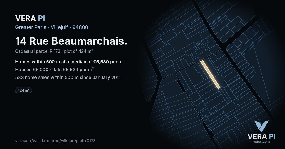 14 Rue Beaumarchais, Villejuif at night – the plot lit, the parcels around coloured by the prices near them
