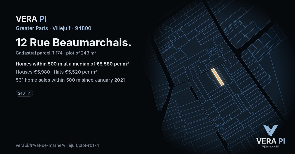 12 Rue Beaumarchais, Villejuif at night – the plot lit, the parcels around coloured by the prices near them