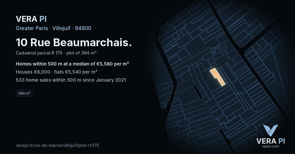 10 Rue Beaumarchais, Villejuif at night – the plot lit, the parcels around coloured by the prices near them