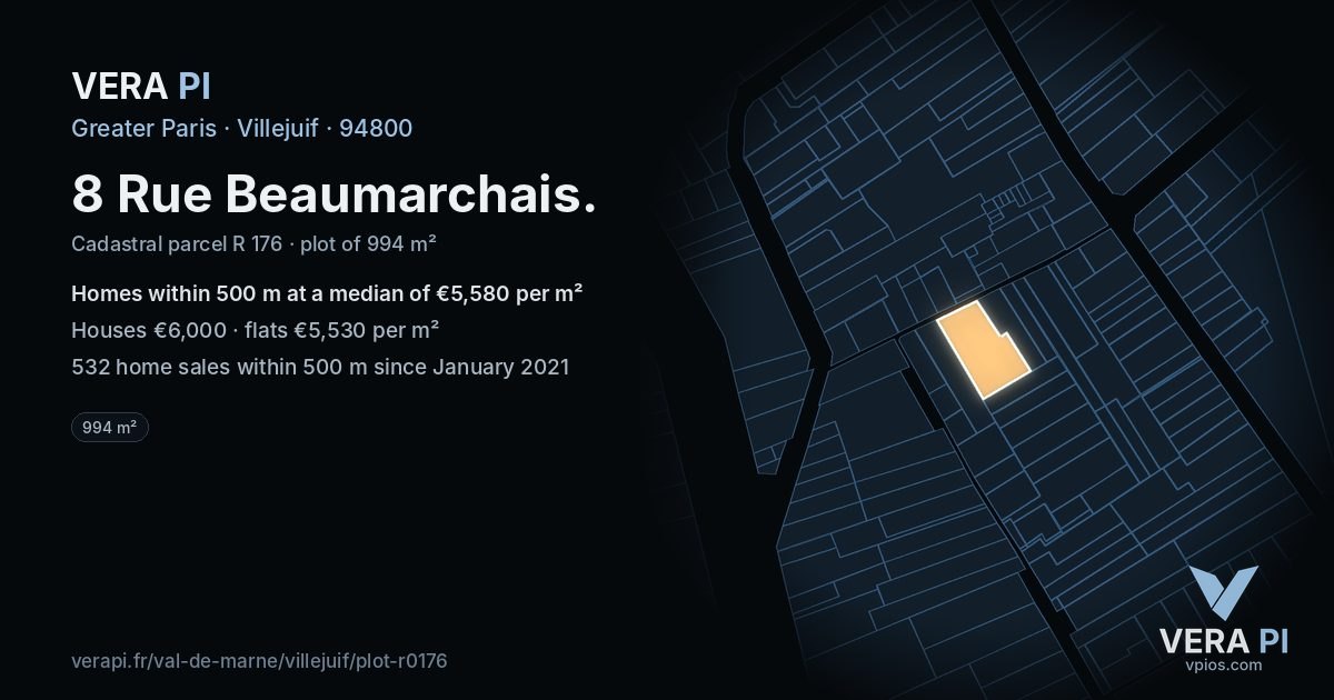 8 Rue Beaumarchais, Villejuif at night – the plot lit, the parcels around coloured by the prices near them