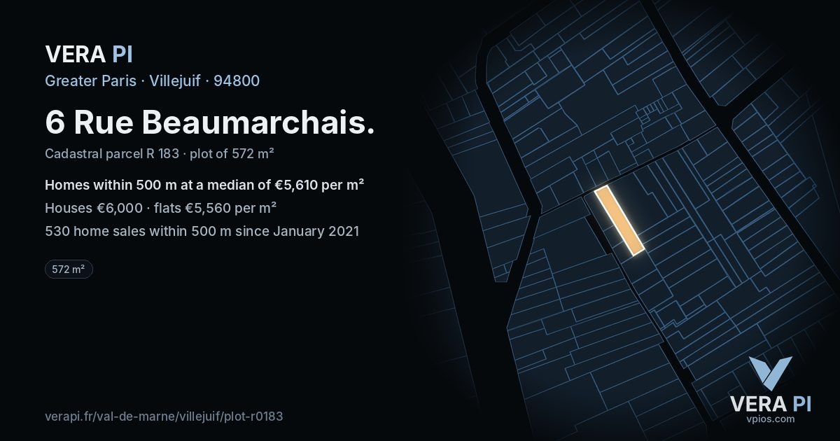 6 Rue Beaumarchais, Villejuif at night – the plot lit, the parcels around coloured by the prices near them