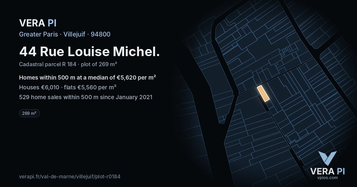 44 Rue Louise Michel, Villejuif at night – the plot lit, the parcels around coloured by the prices near them