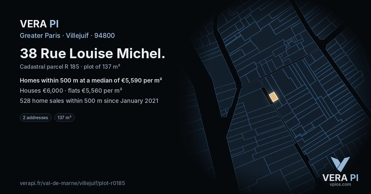 38 Rue Louise Michel, Villejuif at night – the plot lit, the parcels around coloured by the prices near them