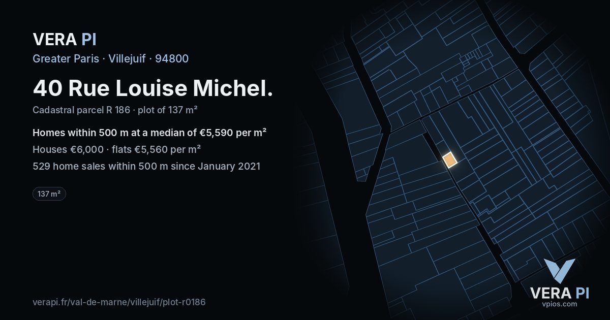 40 Rue Louise Michel, Villejuif at night – the plot lit, the parcels around coloured by the prices near them