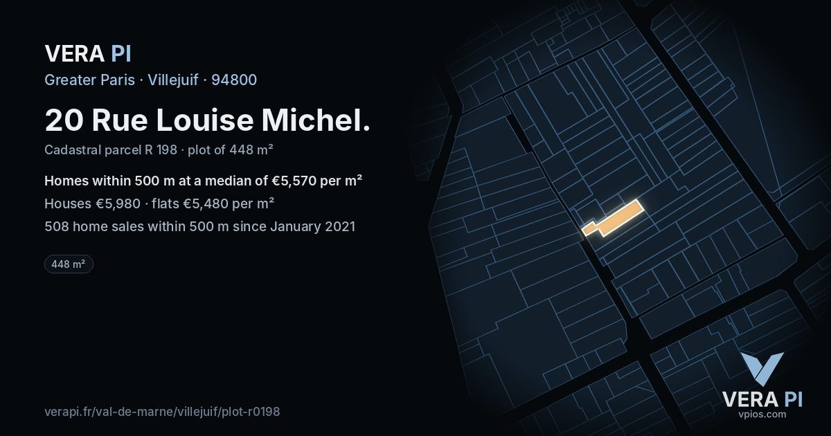 20 Rue Louise Michel, Villejuif at night – the plot lit, the parcels around coloured by the prices near them