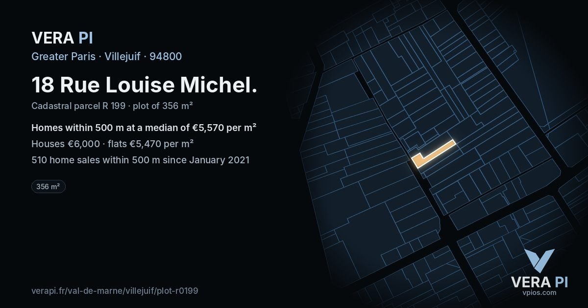 18 Rue Louise Michel, Villejuif at night – the plot lit, the parcels around coloured by the prices near them