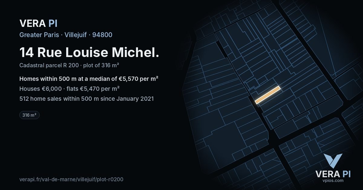 14 Rue Louise Michel, Villejuif at night – the plot lit, the parcels around coloured by the prices near them