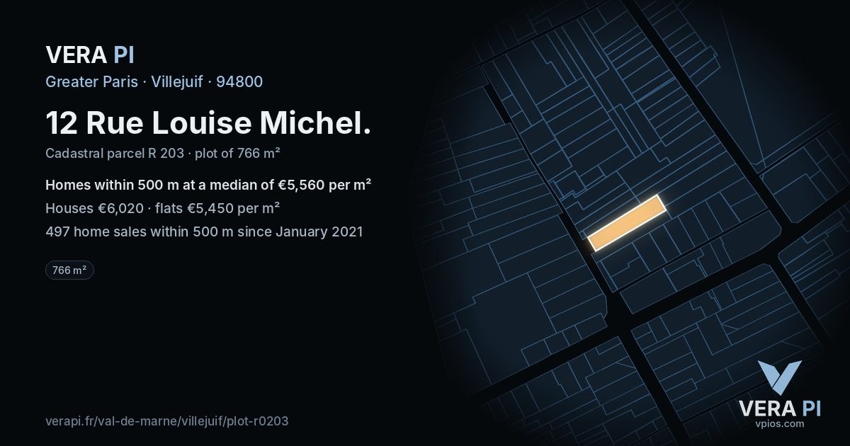 12 Rue Louise Michel, Villejuif at night – the plot lit, the parcels around coloured by the prices near them