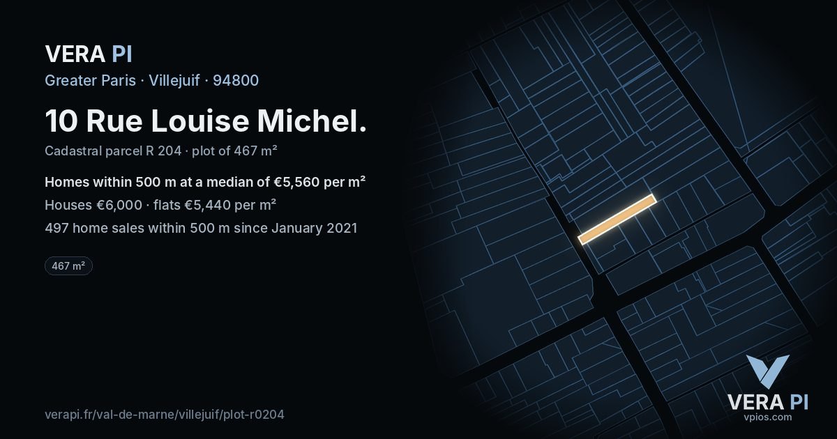 10 Rue Louise Michel, Villejuif at night – the plot lit, the parcels around coloured by the prices near them