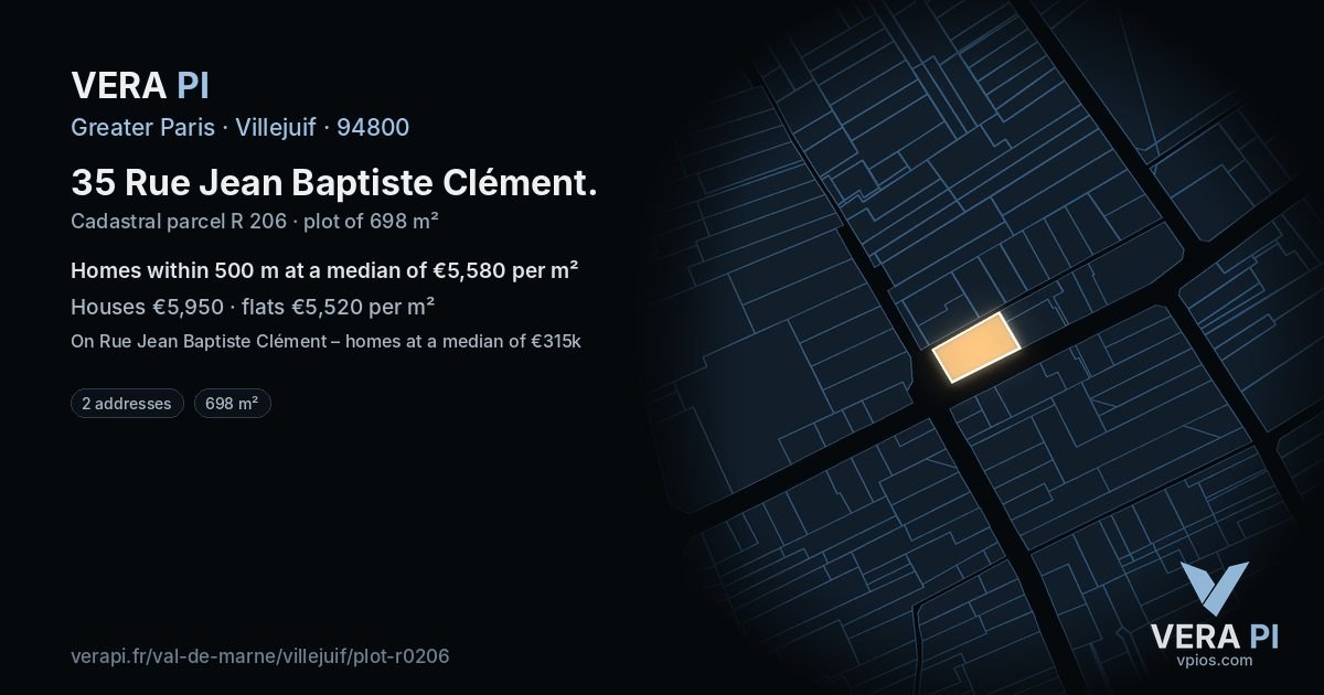 35 Rue Jean Baptiste Clément, Villejuif at night – the plot lit, the parcels around coloured by the prices near them