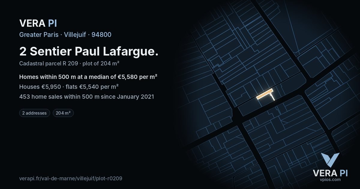 2 Sentier Paul Lafargue, Villejuif at night – the plot lit, the parcels around coloured by the prices near them