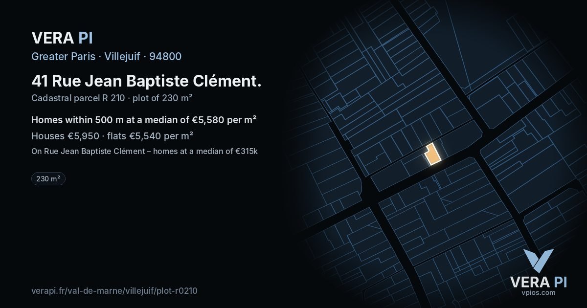 41 Rue Jean Baptiste Clément, Villejuif at night – the plot lit, the parcels around coloured by the prices near them