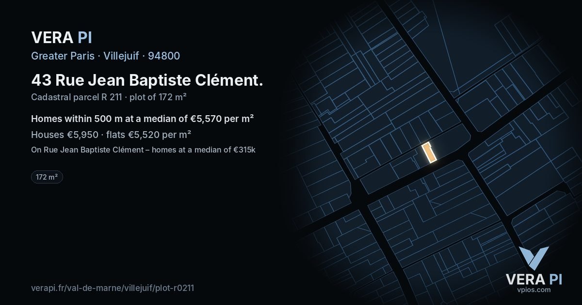 43 Rue Jean Baptiste Clément, Villejuif at night – the plot lit, the parcels around coloured by the prices near them