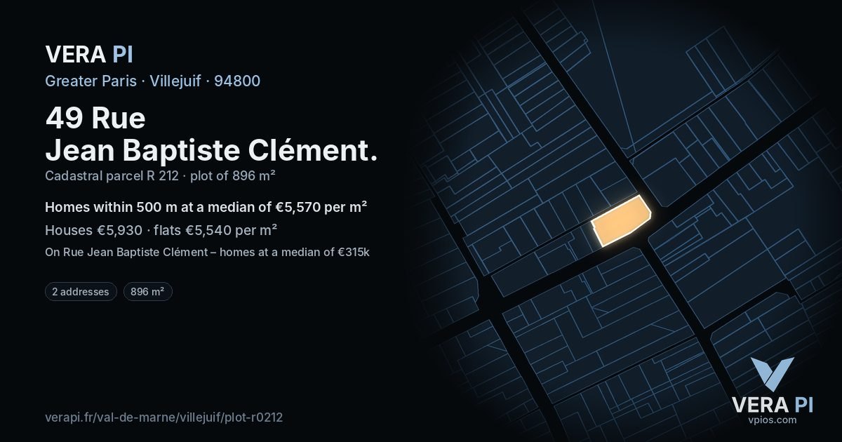 49 Rue Jean Baptiste Clément, Villejuif at night – the plot lit, the parcels around coloured by the prices near them
