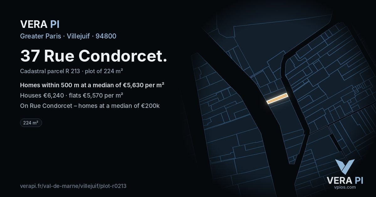 37 Rue Condorcet, Villejuif at night – the plot lit, the parcels around coloured by the prices near them