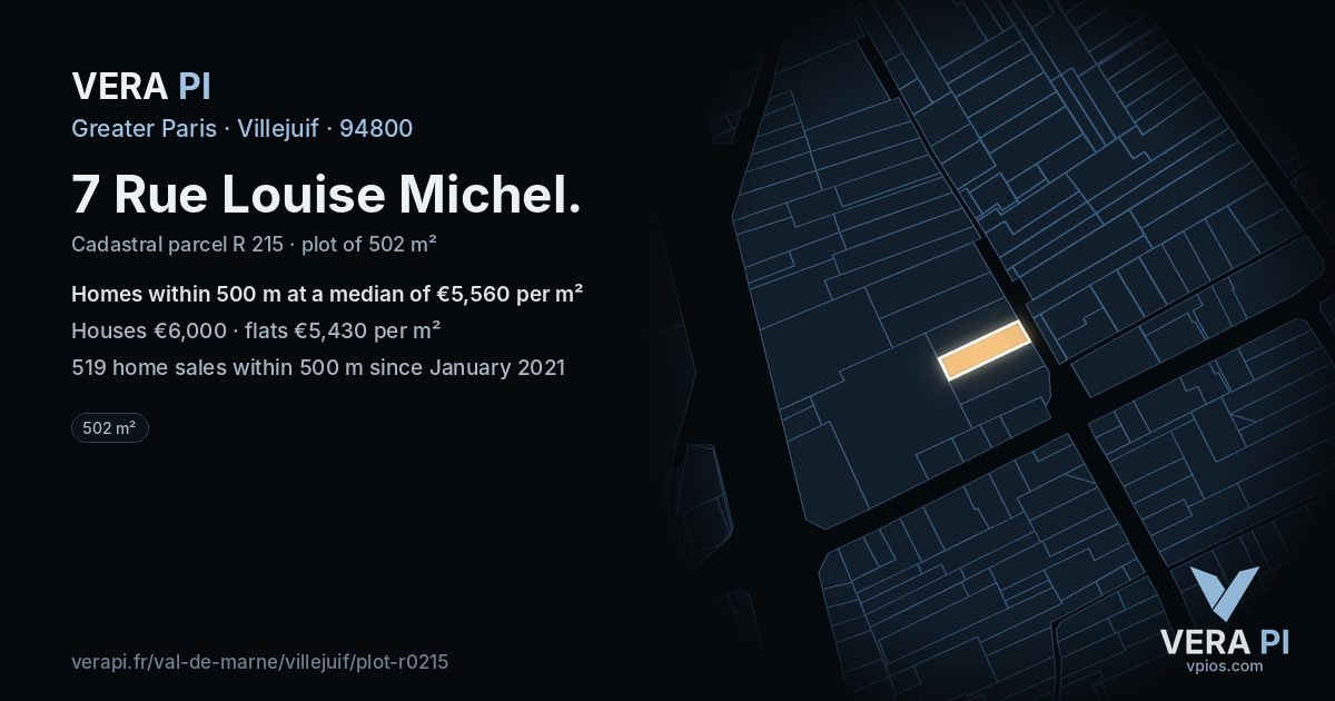 7 Rue Louise Michel, Villejuif at night – the plot lit, the parcels around coloured by the prices near them