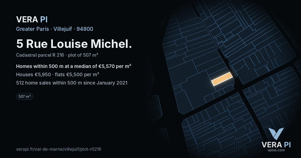 5 Rue Louise Michel, Villejuif at night – the plot lit, the parcels around coloured by the prices near them