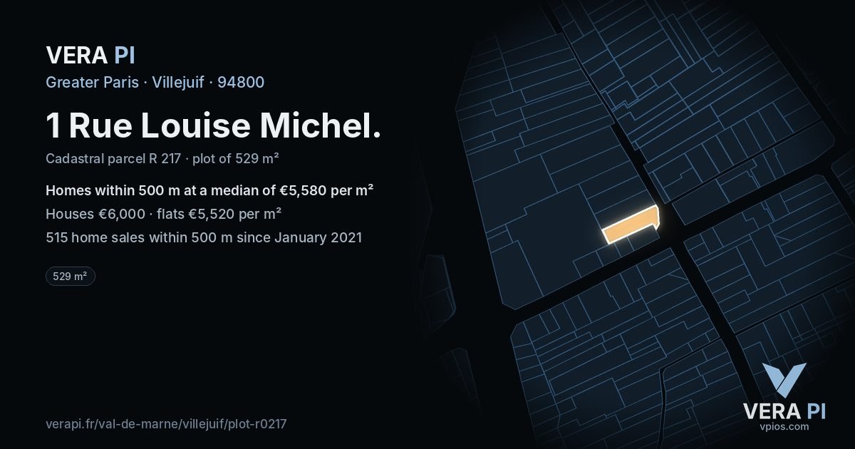 1 Rue Louise Michel, Villejuif at night – the plot lit, the parcels around coloured by the prices near them