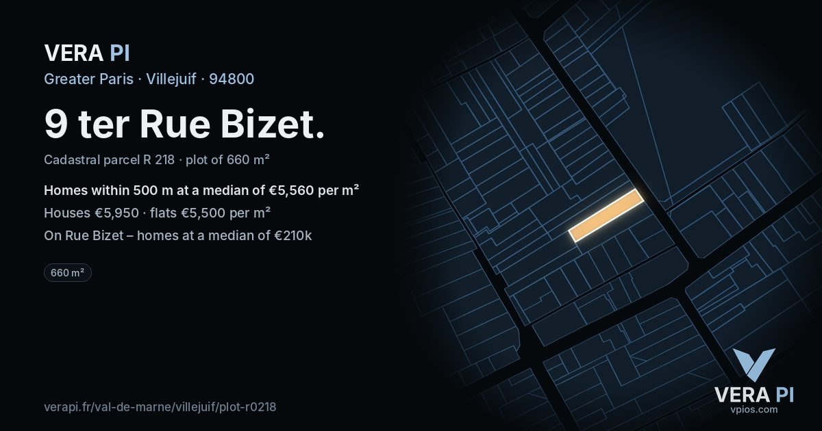 9 ter Rue Bizet, Villejuif at night – the plot lit, the parcels around coloured by the prices near them