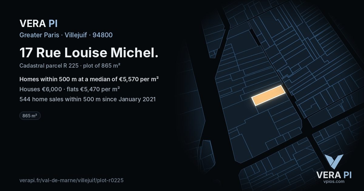 17 Rue Louise Michel, Villejuif at night – the plot lit, the parcels around coloured by the prices near them