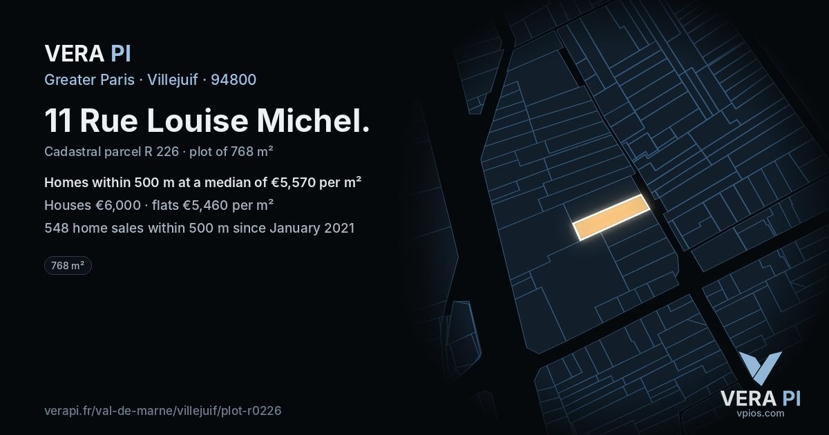 11 Rue Louise Michel, Villejuif at night – the plot lit, the parcels around coloured by the prices near them