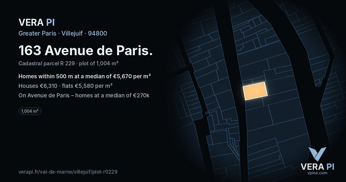163 Avenue de Paris, Villejuif at night – the plot lit, the parcels around coloured by the prices near them