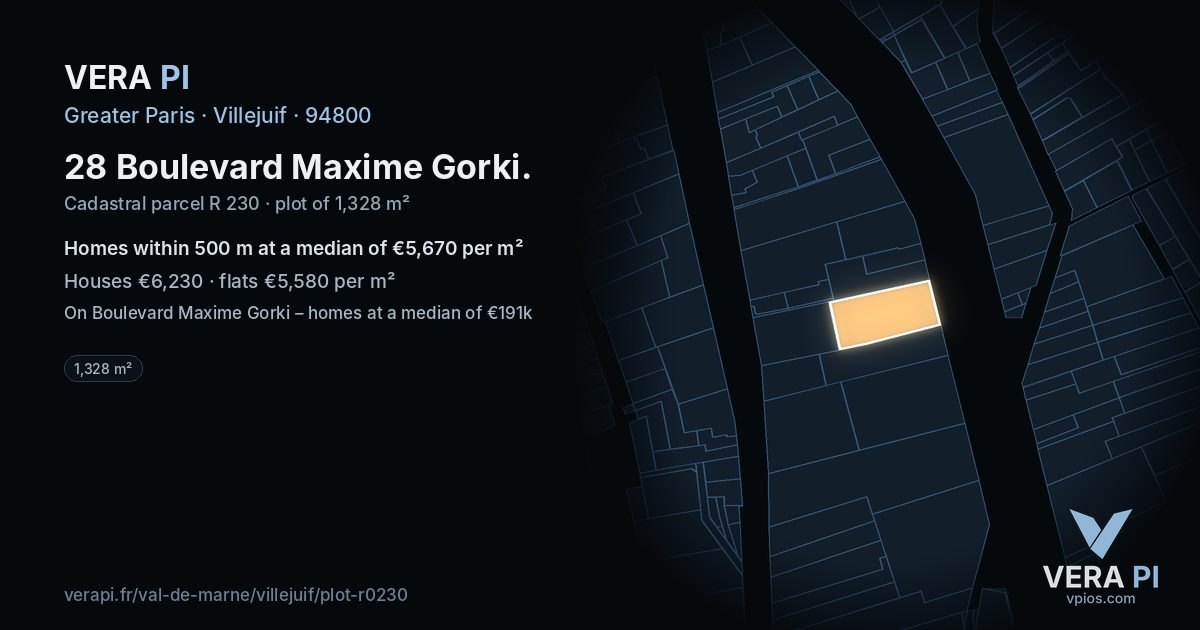 28 Boulevard Maxime Gorki, Villejuif at night – the plot lit, the parcels around coloured by the prices near them