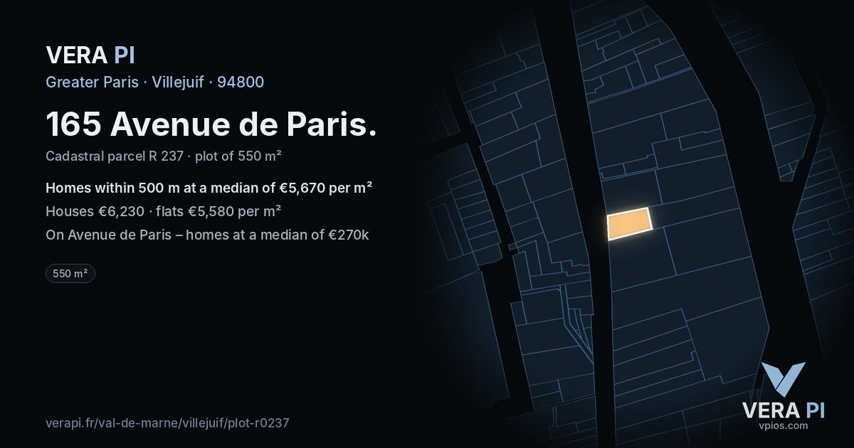 165 Avenue de Paris, Villejuif at night – the plot lit, the parcels around coloured by the prices near them