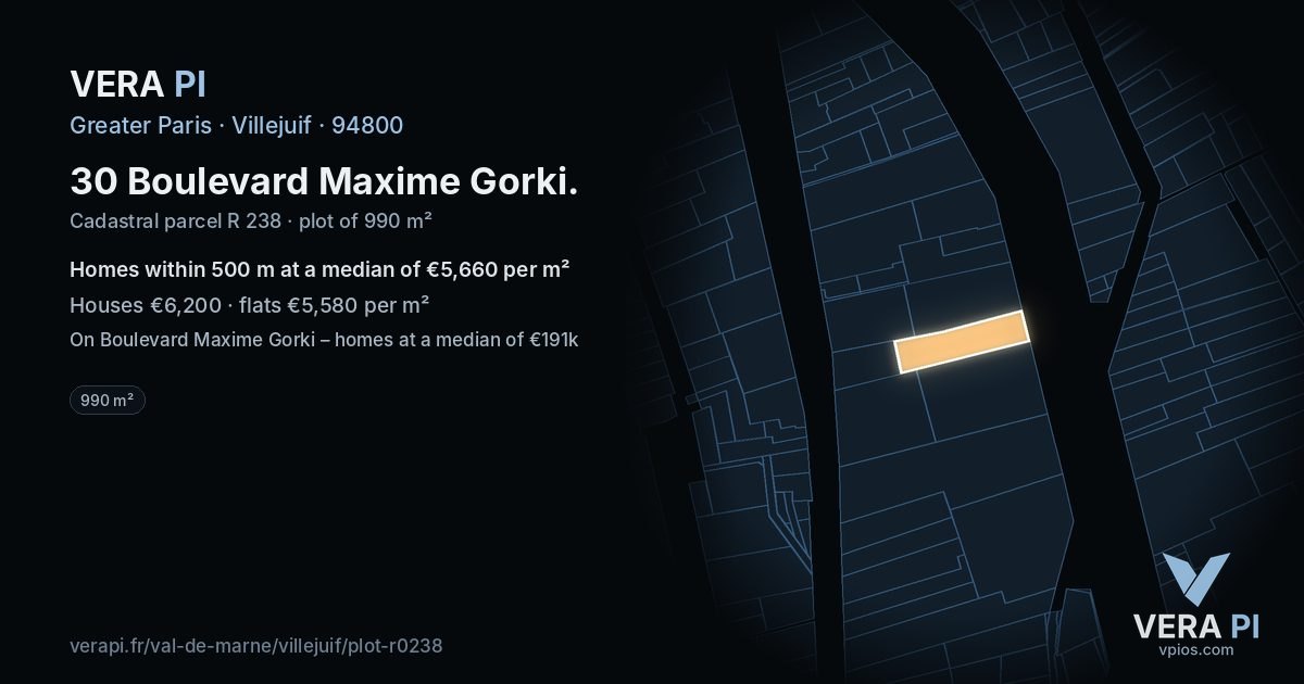 30 Boulevard Maxime Gorki, Villejuif at night – the plot lit, the parcels around coloured by the prices near them