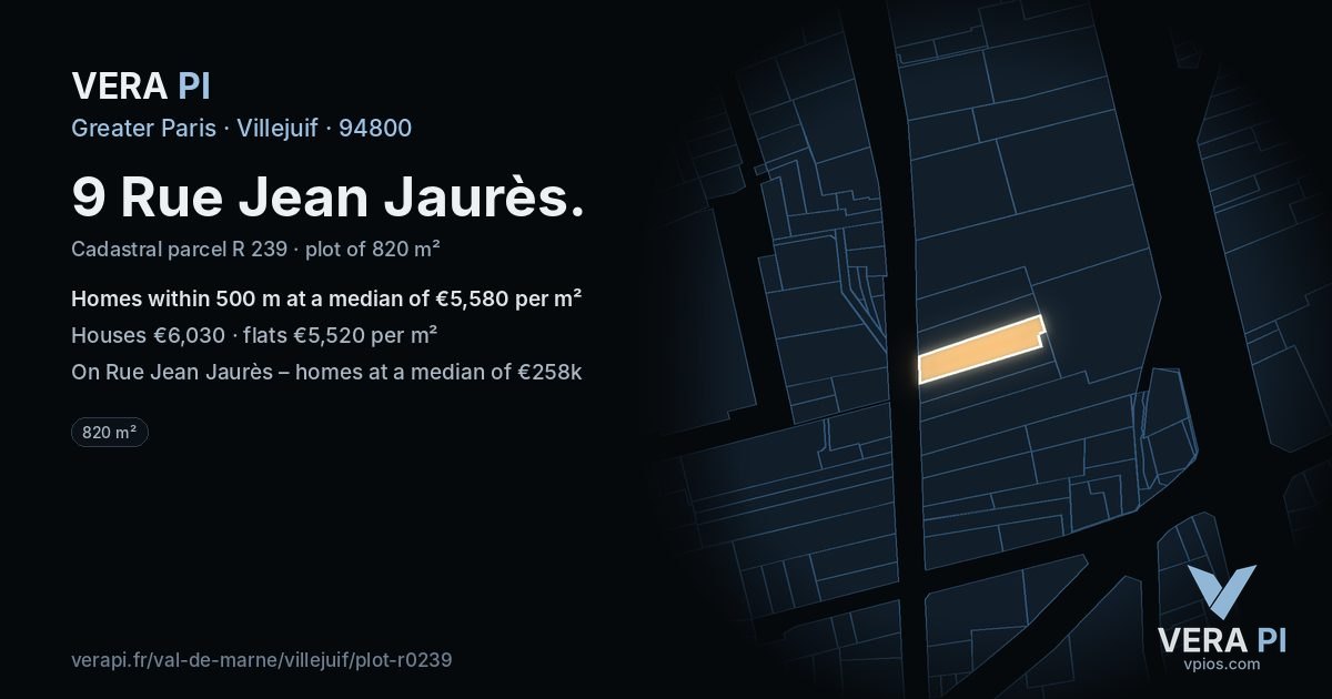 9 Rue Jean Jaurès, Villejuif at night – the plot lit, the parcels around coloured by the prices near them