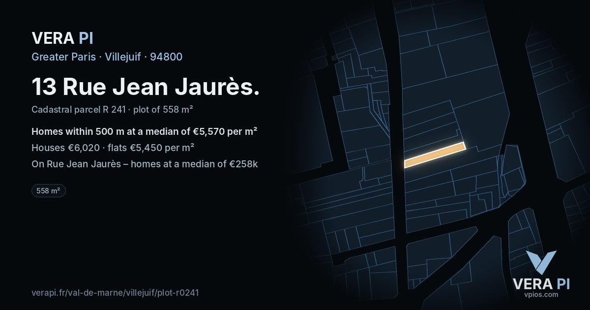 13 Rue Jean Jaurès, Villejuif at night – the plot lit, the parcels around coloured by the prices near them