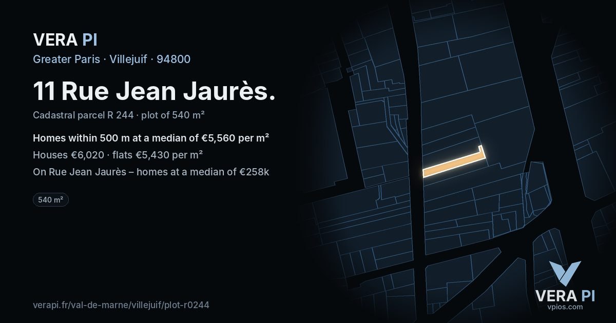 11 Rue Jean Jaurès, Villejuif at night – the plot lit, the parcels around coloured by the prices near them