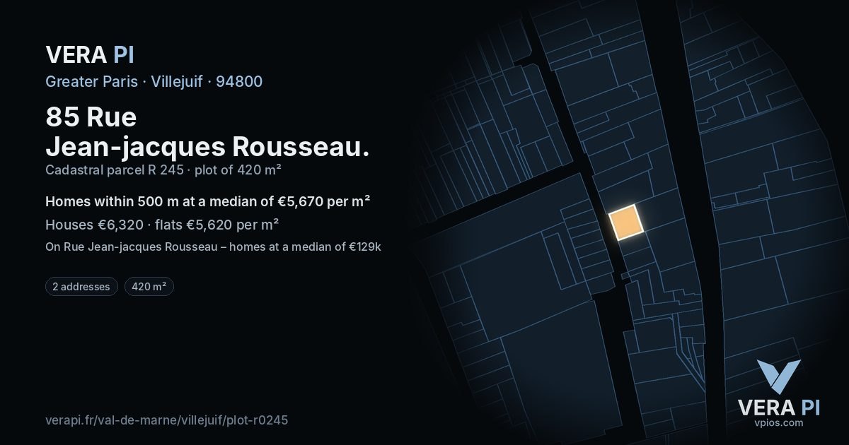 85 Rue Jean-jacques Rousseau, Villejuif at night – the plot lit, the parcels around coloured by the prices near them