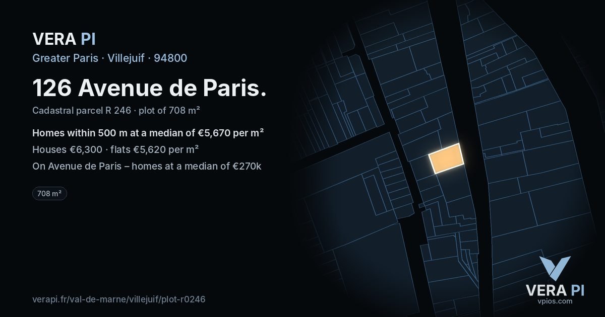 126 Avenue de Paris, Villejuif at night – the plot lit, the parcels around coloured by the prices near them