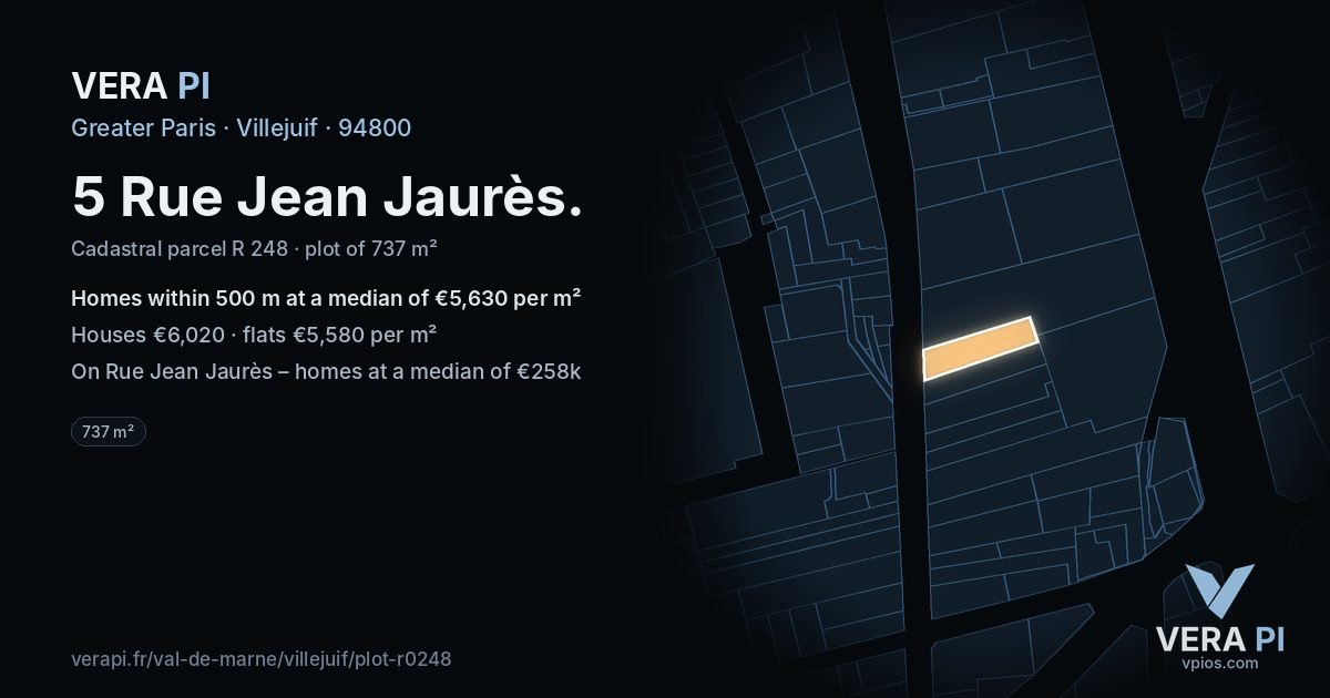 5 Rue Jean Jaurès, Villejuif at night – the plot lit, the parcels around coloured by the prices near them