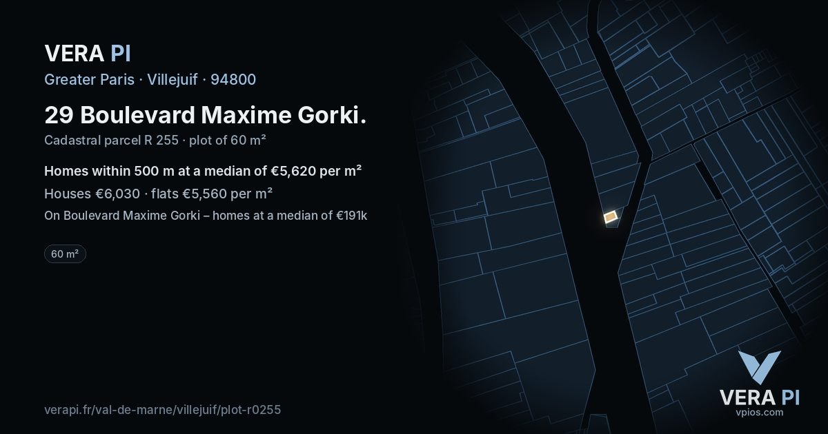 29 Boulevard Maxime Gorki, Villejuif at night – the plot lit, the parcels around coloured by the prices near them
