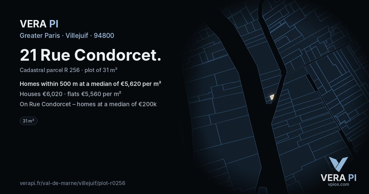 21 Rue Condorcet, Villejuif at night – the plot lit, the parcels around coloured by the prices near them
