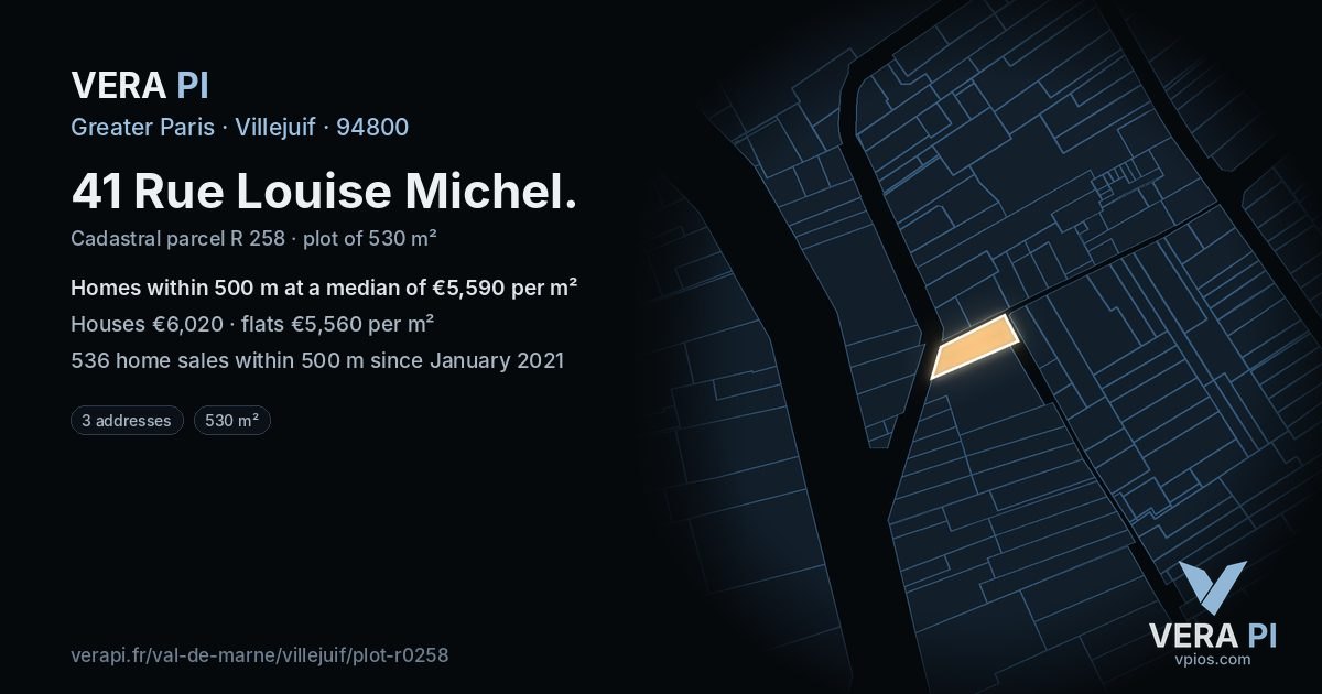 41 Rue Louise Michel, Villejuif at night – the plot lit, the parcels around coloured by the prices near them
