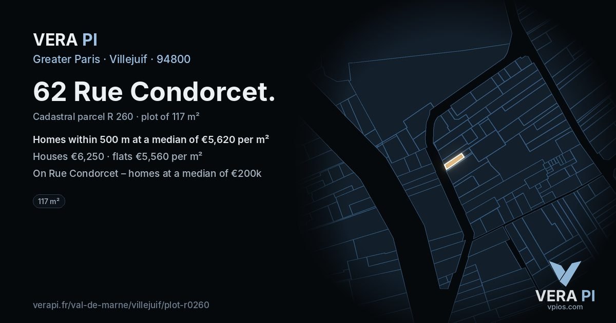 62 Rue Condorcet, Villejuif at night – the plot lit, the parcels around coloured by the prices near them