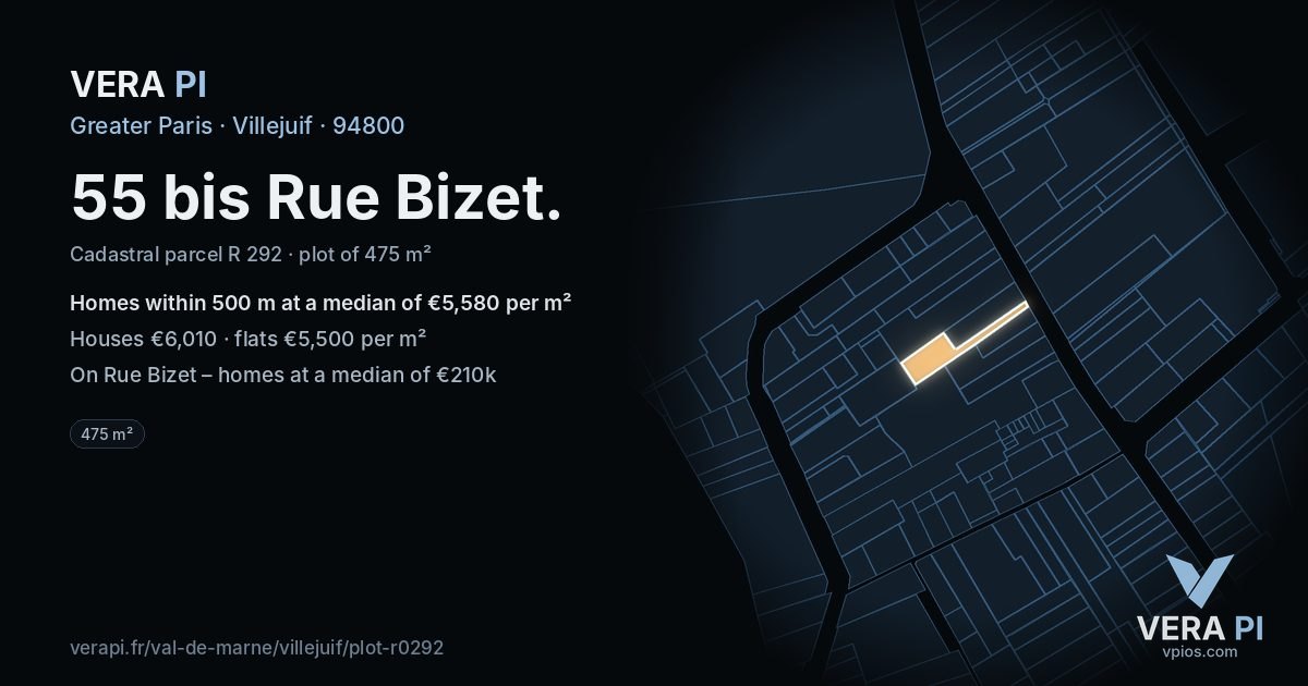 55 bis Rue Bizet, Villejuif at night – the plot lit, the parcels around coloured by the prices near them